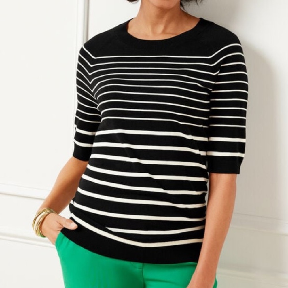 TALBOTS  ELBOW SLEEVE PULLOVER - VARIEGATED BRETON, BLACK/IVORY, MEDIUM PETITE